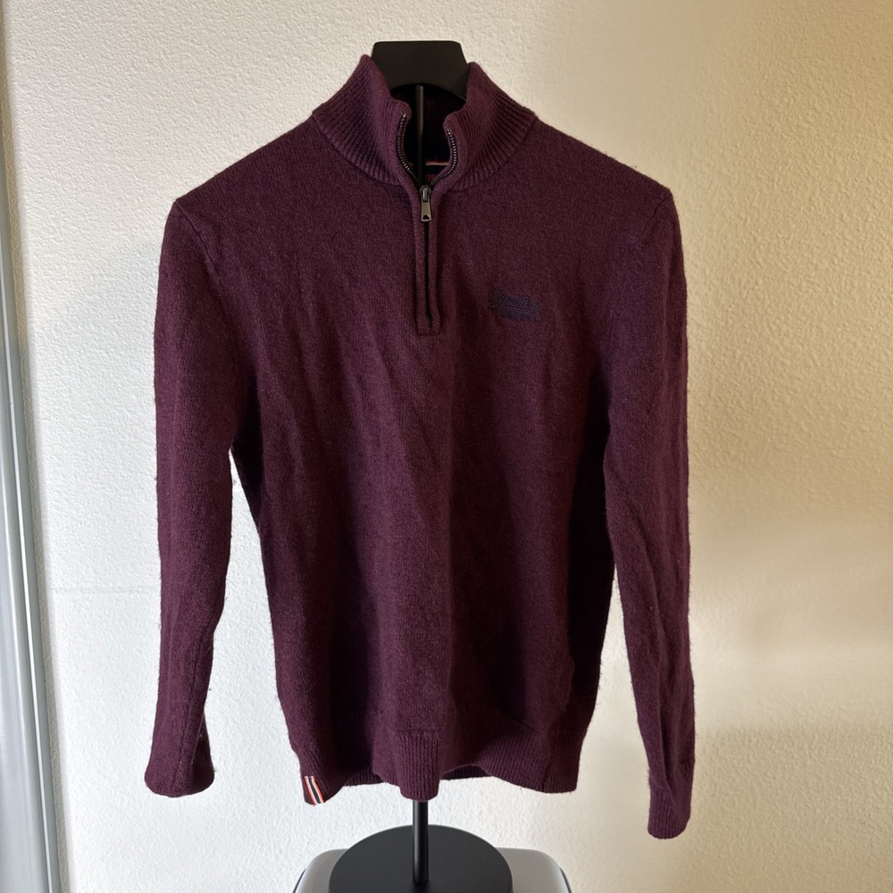 Superdry Mens 1/4 Zip Knit Sweater Pullover Wool Blend Maroon Size M